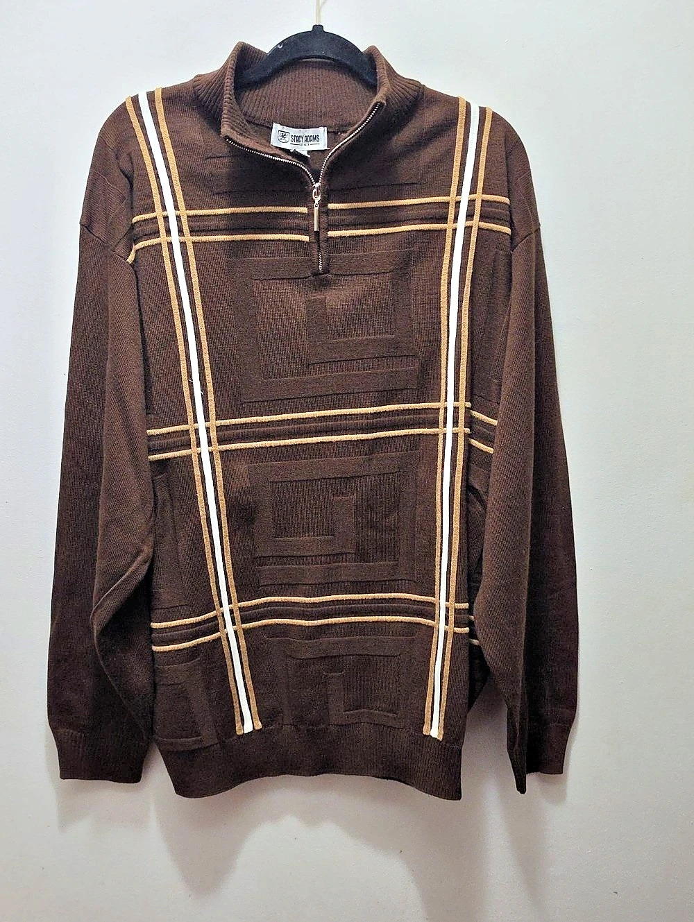Stacy Adams Quarter-Zip Mock Neck Window Scroll Sweater Brown